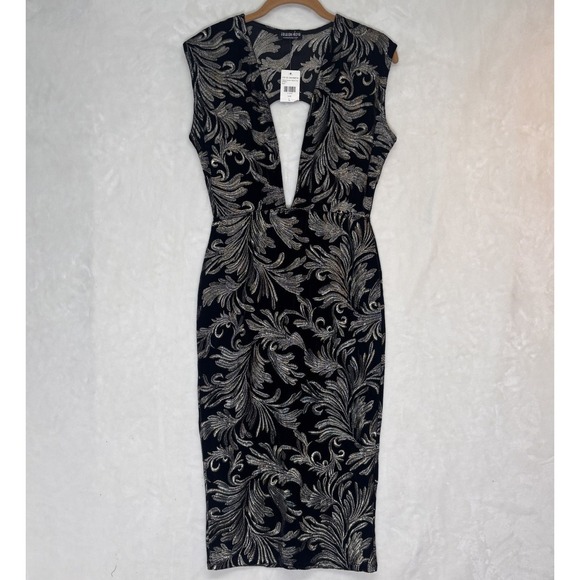Fashion Nova Dresses & Skirts - Fashion Nova Black Gold Embroidered Bodycon Midi Dress Plunge Neck Size L